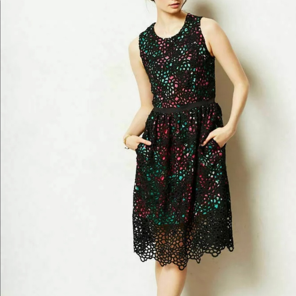 Wolven Black Lacy Terrace Fit Flare Dress Sz 6